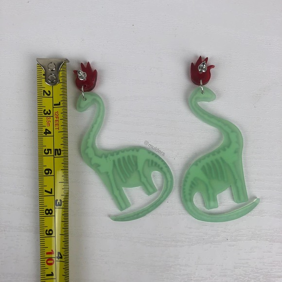 Acrylic Translucent Green Dinosaur Skeleton Fire Drop Dangle Earrings Goth - Picture 3 of 4